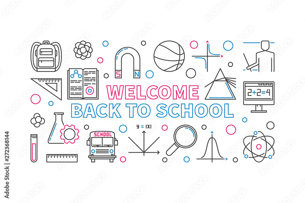 Fototapeta premium Welcome Back to School creative concept horizontal linear illustration. Vector banner on white background