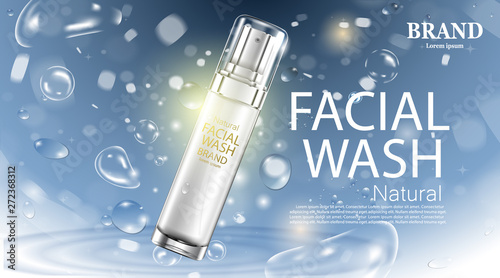 Luxury cosmetic Bottle package skin care cream, Beauty cosmetic product poster with water drop and water swirl on blue background
