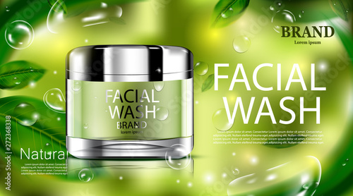 Luxury cosmetic Bottle package skin care cream, Beauty cosmetic product poster with leaves and green background