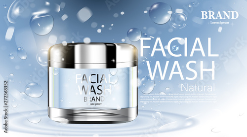 Luxury cosmetic Bottle package skin care cream, Beauty cosmetic product poster with water drop and water swirl on blue background