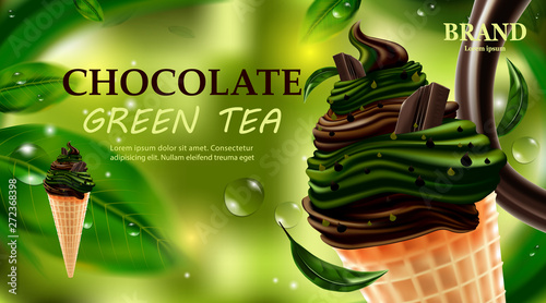 Delicious Chocolate and matcha green tea ice cream, Chocolate with milk cream for summer on green background ,vector illustration