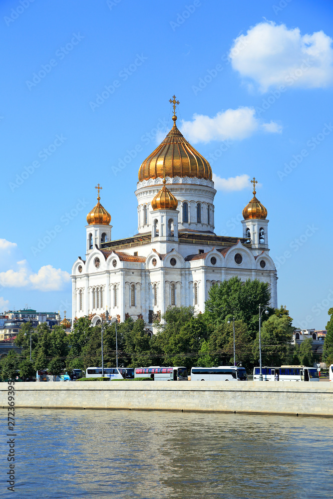 Cathedral of Christ the Savior summer Sunny day on the river in Moscow