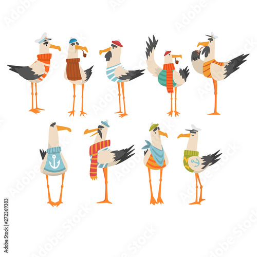 Seagulls Sailors Set, Funny Birds Cartoon Characters Vector Illustration