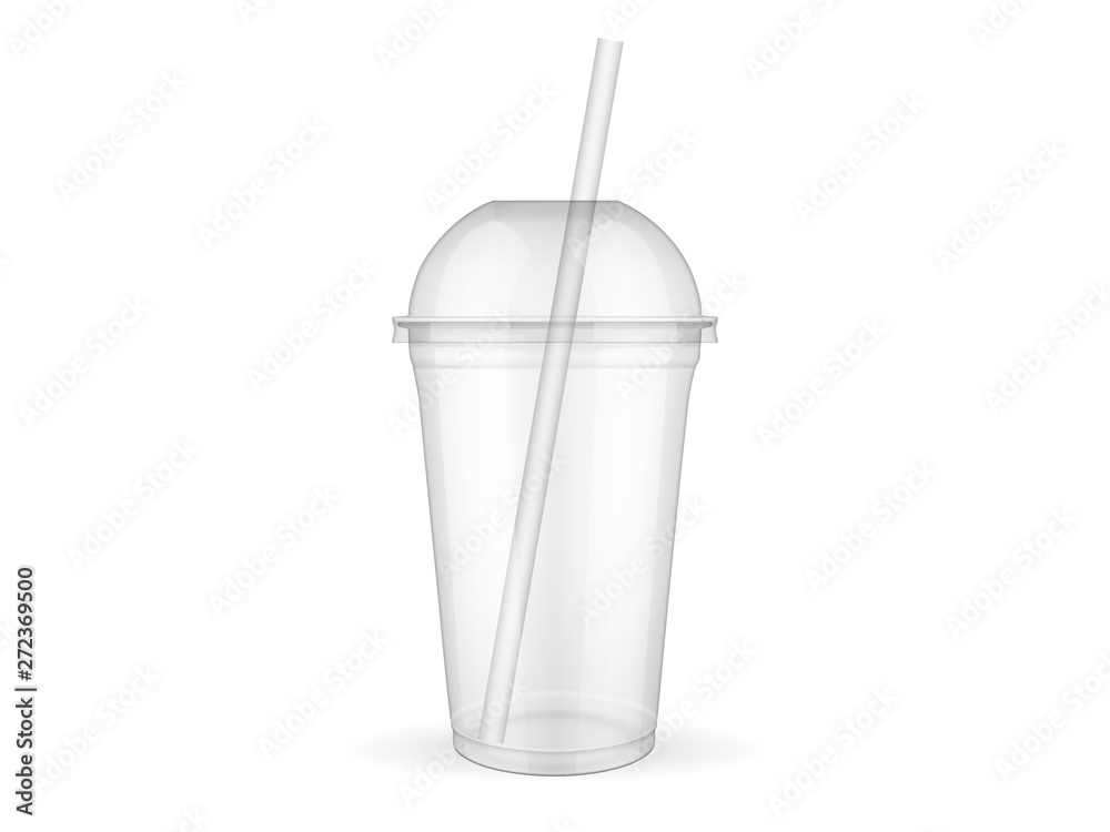 Empty transparent plastic cup with straw on white background  mock up