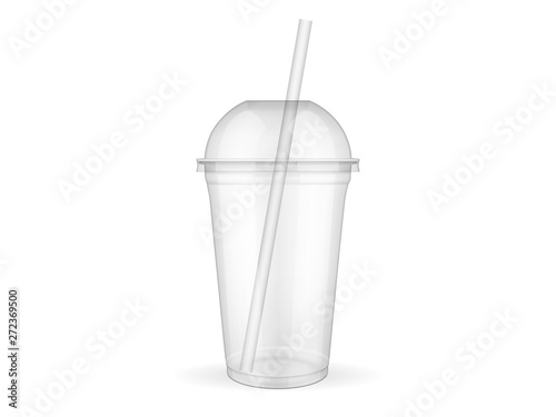 Empty transparent plastic cup with straw on white background  mock up