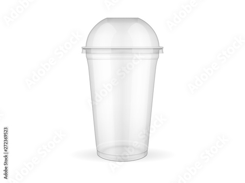 Empty transparent plastic cup  on white background  mock up