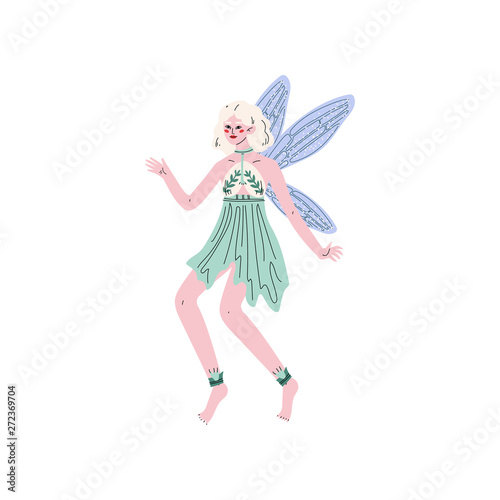 Beautiful Forest Fairy or Nymph with Wings, Pretty Blonde Girl in Green Dress Vector Illustration
