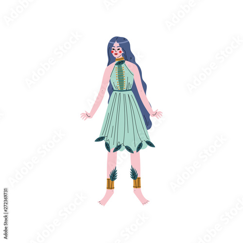 Beautiful Forest Fairy or Nymph, Blue Haired Girl in Green Dress Vector Illustration