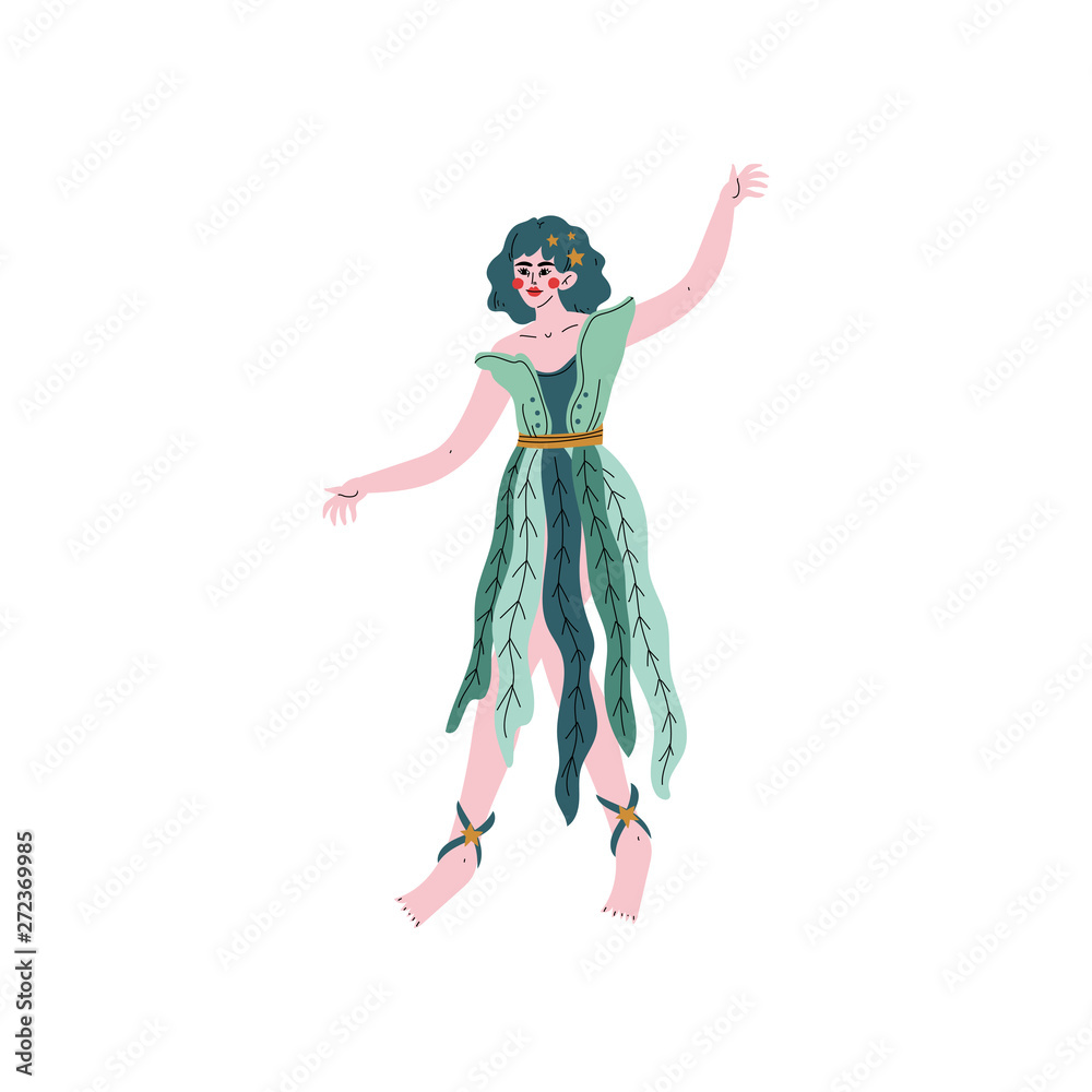 Forest Fairy or Nymph, Beautiful Girl with Green Hair and Dress Vector Illustration Forest Fairy or Nymph, Beautiful Girl with Green Hair and Dress Vector Illustration