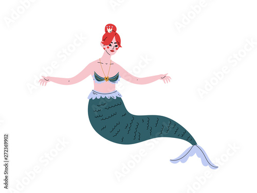 Beautiful Princess Mermaid or Siren with Golden Crown and Green Tail Vector Illustration