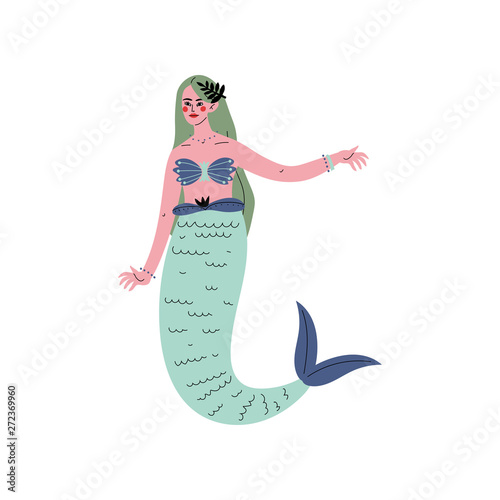 Beautiful Green Haired Mermaid or Siren Vector Illustration
