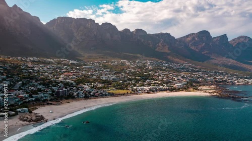 Aerial view of coastal Clifton in Cape Town, South Africa on a sunny morning with the ocean and beach below. photo