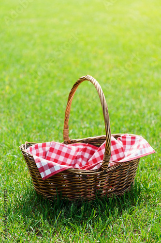 Empty picnic basket with red checkered napkin on the grass.
