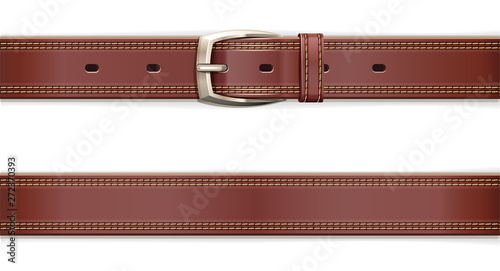 Leather belt with metallic clasp. Clothes accessory. Seamless pattern. Fashion detail. Trendy clothes accessories. Wear decorative element. Isolated on white background. Eps10 vector illustration.