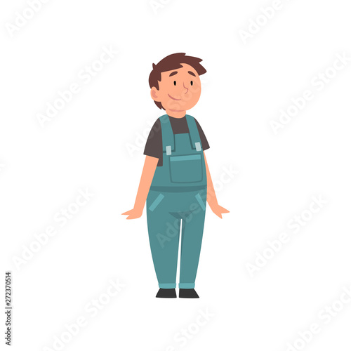 Smiling Fat Boy Wearing Denim Overalls, Cute Overweight Child Character Vector Illustration © topvectors