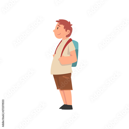Fat Boy with Backpack, Side View, Cute Overweight Child Character Vector Illustration