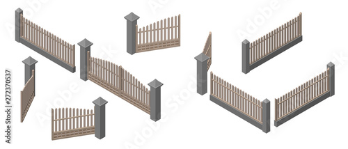 Set of fences and gates. Isolated on white background. 3d Vector illustration.