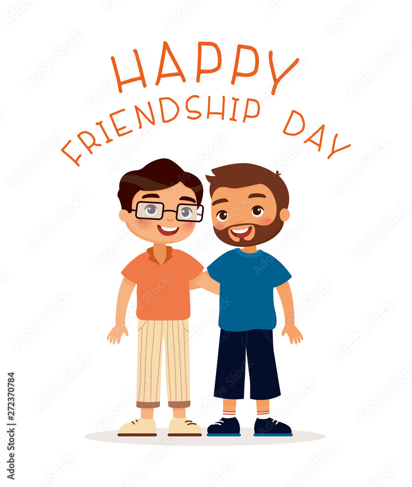 Happy friendship day. Two young guys hugging. Funny cartoon ...