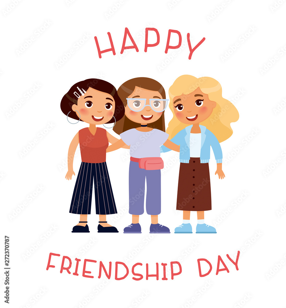 Happy friendship day. Three young cute girls hugging..Funny ...