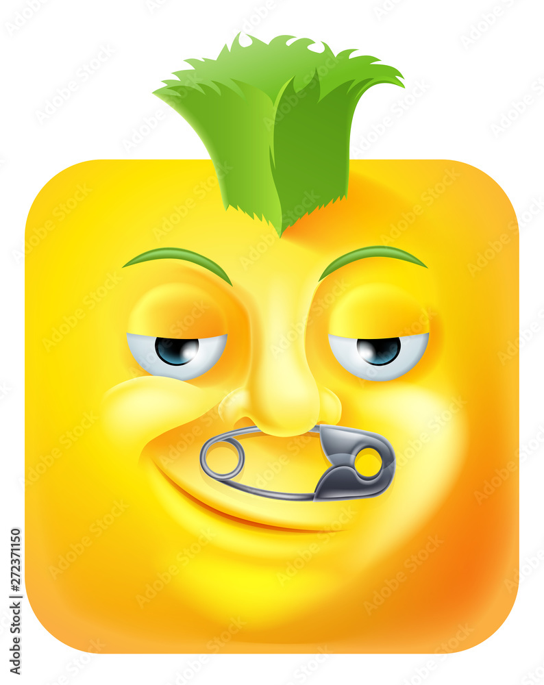 Vetor de A punk emoji or emoticon square face 3d icon cartoon character with safety pin in nose and green mohawk hair style do Stock | Adobe Stock Vetor de A punk emoji or emoticon square face 3d icon cartoon character with safety pin in nose and green mohawk hair style do Stock | Adobe Stock