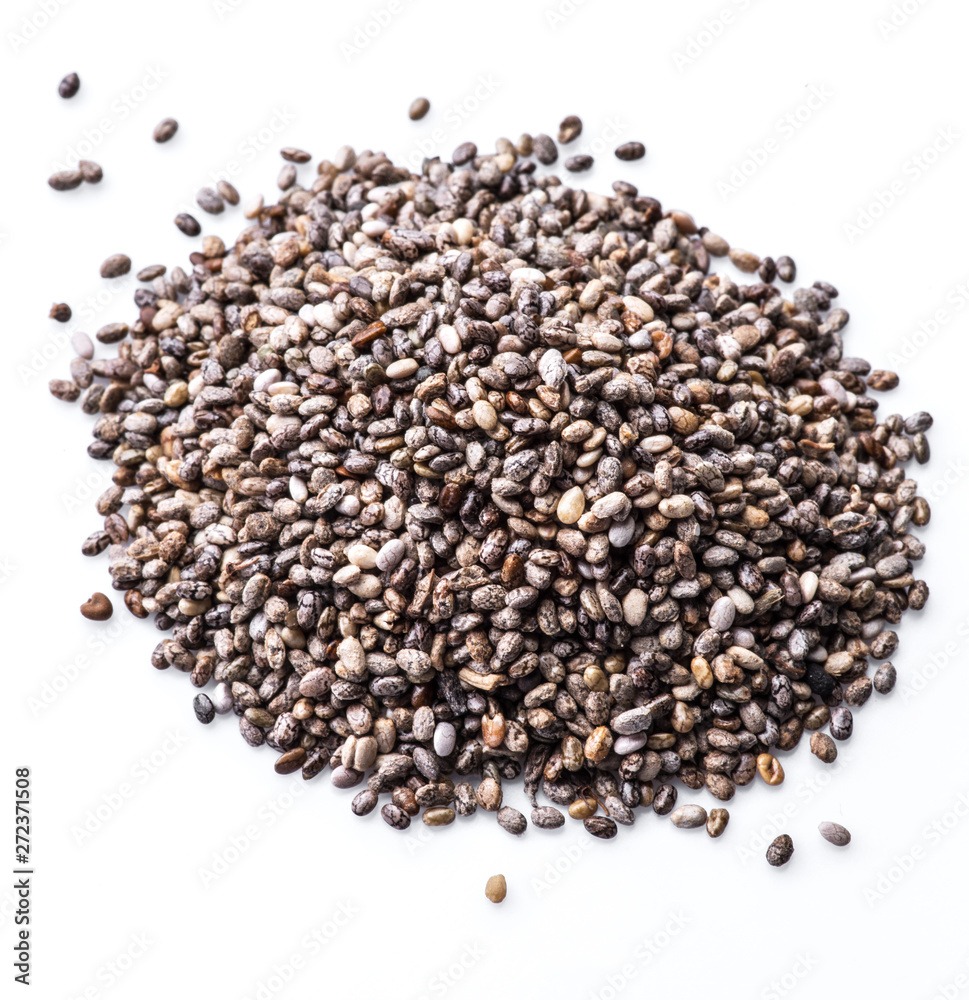 Heap of Chia seeds isolated on white background. Top view. Heap of Chia seeds isolated on white background. Top view.