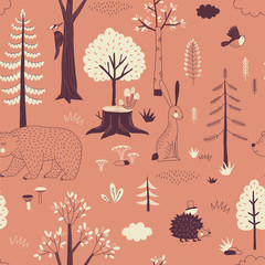 Fototapete Waldtiermuster Herbstwald mit Igel Bär und Hase  © AngellozOlga