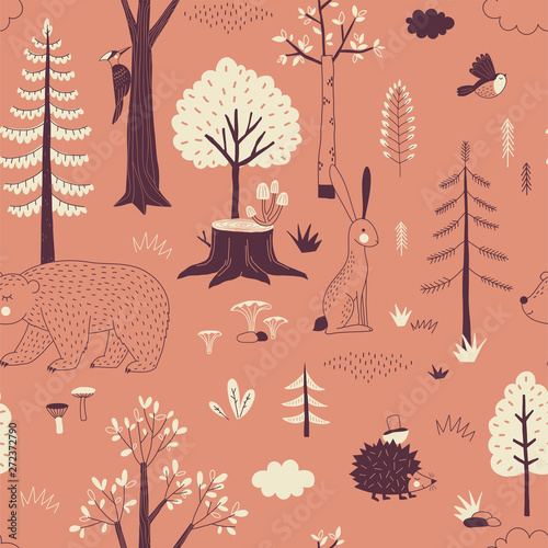 Autumn Forest seamless vector pattern. Woody landscape with Hedgehog Bear Hare creatures repeatable background. Woodland childish print in Scandinavian decorative style. Cute forest animal backdrop.