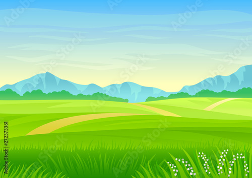 Footpath through a green meadow. Vector illustration on white background.
