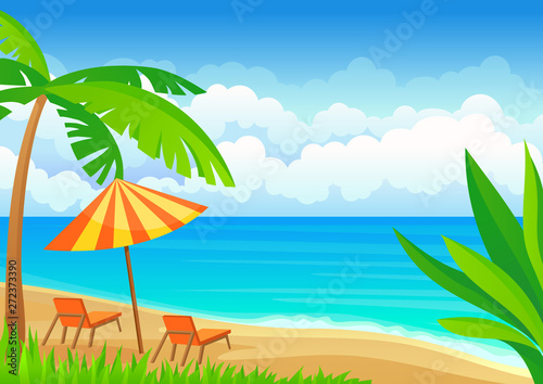 Two deck chairs under an umbrella on the beach. Vector illustration on white background.