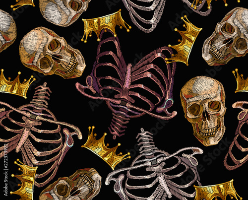 Embroidery human rib cage, golden crown and human skull seamless pattern. Gothic art. Template for clothes, t-shirt design