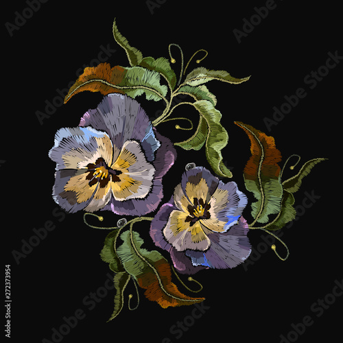 Violets flower embroidery. Summer art. Fashionable template of clothes
