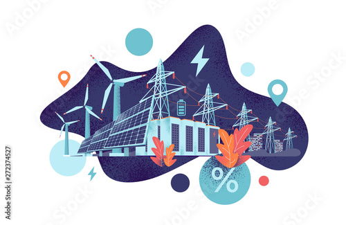 Renewable energy smart power grid system concept. Modern grain style vector illustration solar panels, wind turbines, battery storage, high voltage electricity power transmission grid and clean city.