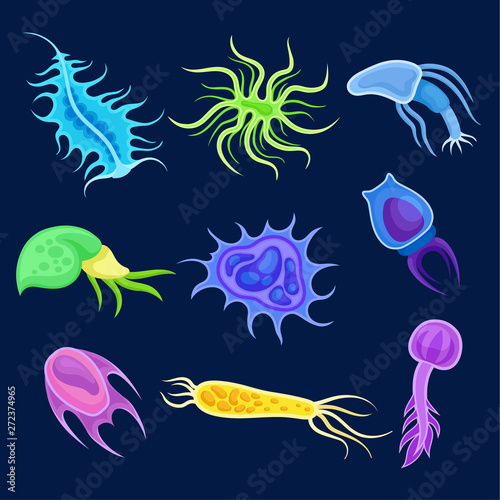 Set of multicolored plankton. Vector illustration on black background. photo