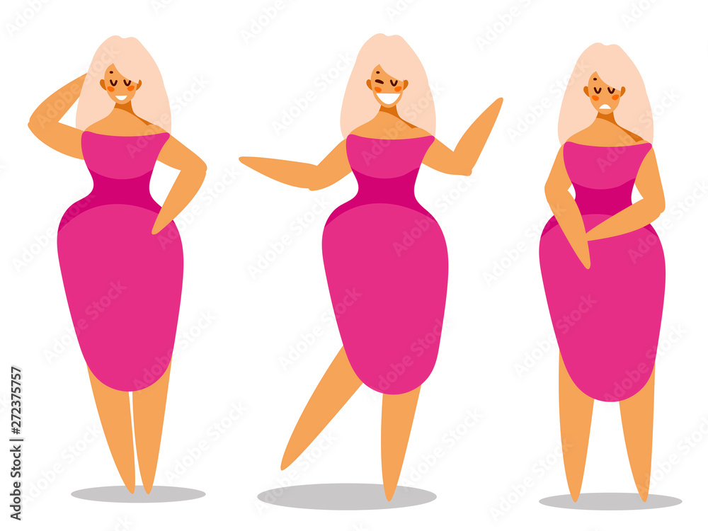 Set of women in elegant dress in different poses. Character for your project. Vector illustration in flat style.