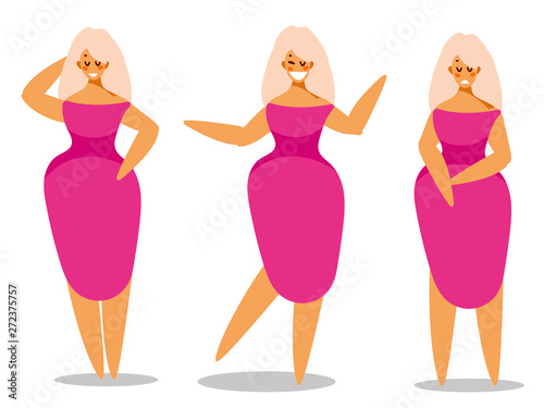 Set of women in elegant dress in different poses. Character for your project. Vector illustration in flat style.