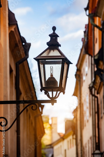 View of vintage street lamp in Stockholm Sweden, early morning