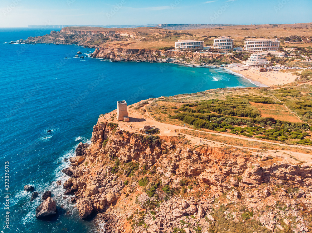 Ghajn Tuffieha Golden bay on Malta island, aerial top view