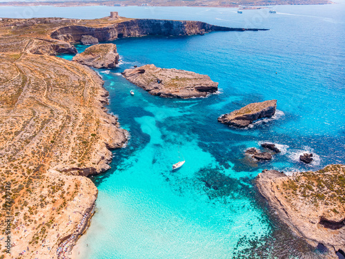 Panorama beach Blue Lagoon Comino Malta. Aerial view