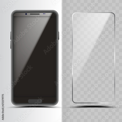 Smartphone And Screen Protector Glass Cover Vector. Transparent Tempered Protector Shield For Mobile Phone Device. Modern Cellphone Display Defense Accessory Realistic 3d Illustration