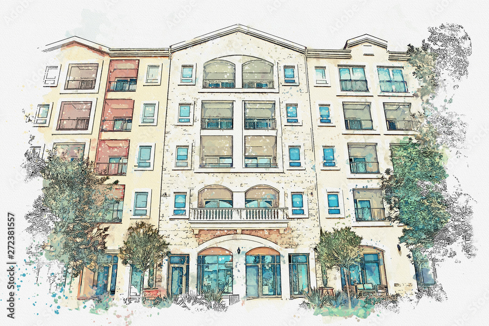Watercolor sketch or illustration of a view of a modern apartment building.