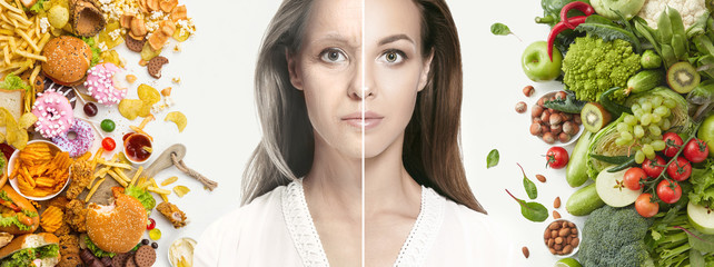 Fast food dish and health food on white background. Take away unhealthy set including burgers, french fries. Comparison with healthy nutrition, vegetables and fruits. Young woman making a choice.