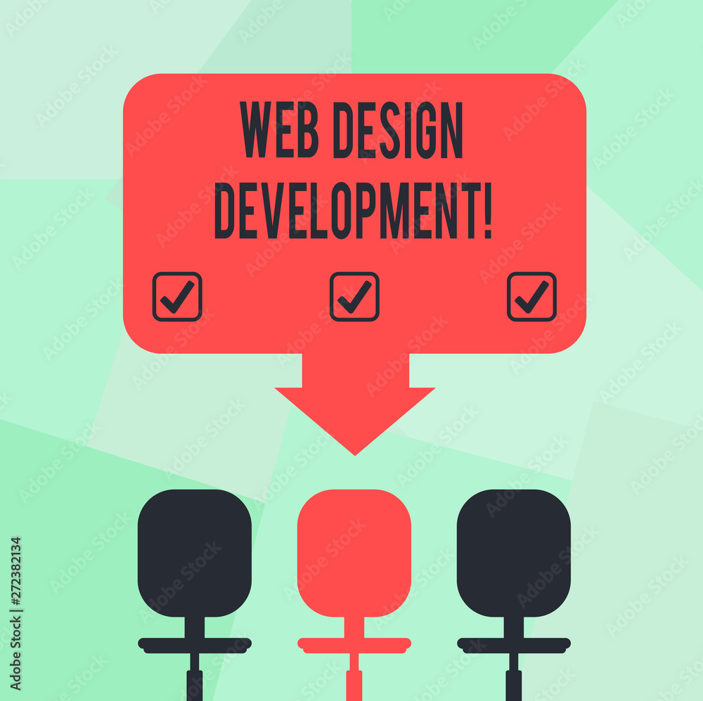 Conceptual hand writing showing Web Design Development. Business photo text developing websites for hosting via intranet Space Color Arrow Pointing to One of the Three Swivel Chairs