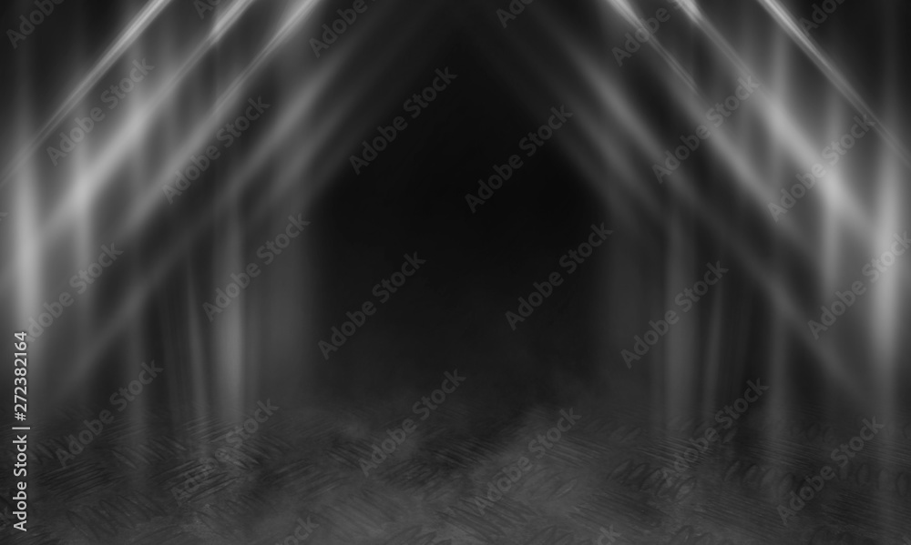 Empty background scene. Dark street reflection on the wet pavement. Rays neon light in the dark, neon figures, smoke. Night view of the street, the city. Abstract dark background. Empty background scene. Dark street reflection on the wet pavement. Rays neon light in the dark, neon figures, smoke. Night view of the street, the city. Abstract dark background.