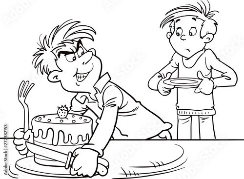 greedy cartoon boy not wanting to share his cake
