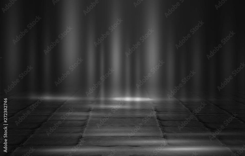 Empty background scene. Dark street reflection on the wet pavement. Rays  neon light in the dark, neon figures, smoke. Night view of the street, the city. Abstract dark background.