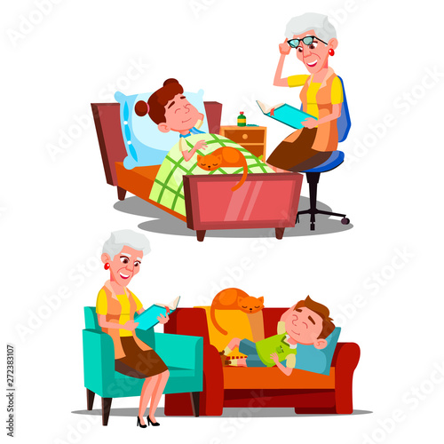 Grandmother Reading Nighttime Story Book Vector. Character Old Woman Reading Bedtime Fairy Tale For Grandson Little Boy And Girl. Children And Domestic Cat Sleeping Time Flat Cartoon Illustration