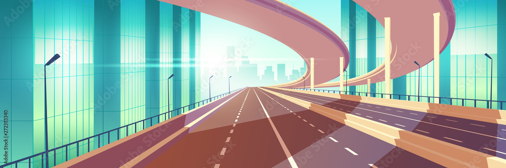 Metropolis empty high speed road, freeway or highway with median barrier, overpass, bridge in above going near skyscrapers to city downtown on horizon cartoon vector illustration. Urban infrastructure