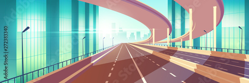 Metropolis empty high speed road, freeway or highway with median barrier, overpass, bridge in above going near skyscrapers to city downtown on horizon cartoon vector illustration. Urban infrastructure