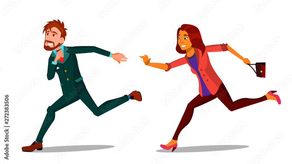 Rush Running Characters Young Man And Woman Vector. Happy Smiling  Businessman Male And Female Person Hurry Running. People Hustling Late For  Work Or Meeting Flat Cartoon Illustration Stock Vector | Adobe Stock