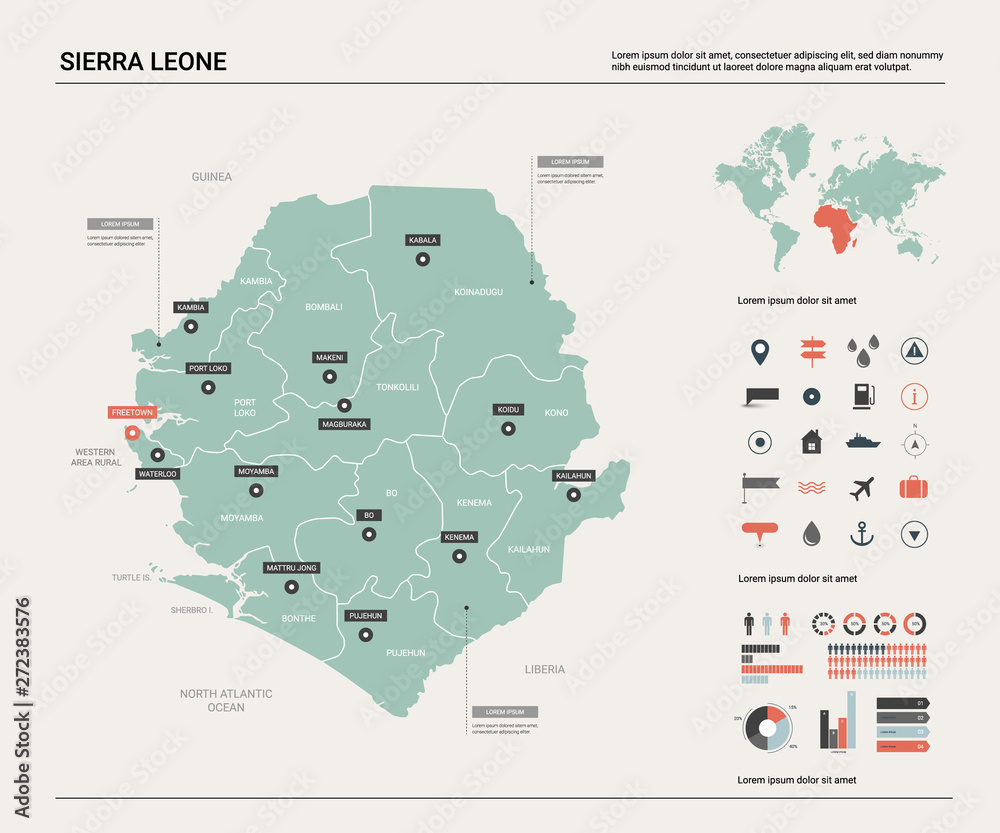 Vector map of Sierra Leone;. Country map with division, cities and ...